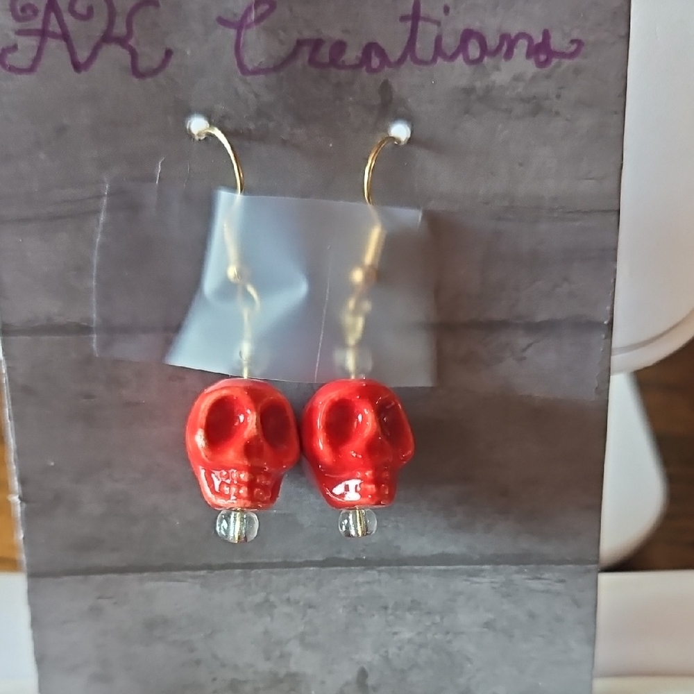 Handemade Red Skull Earrings With Gold Wire